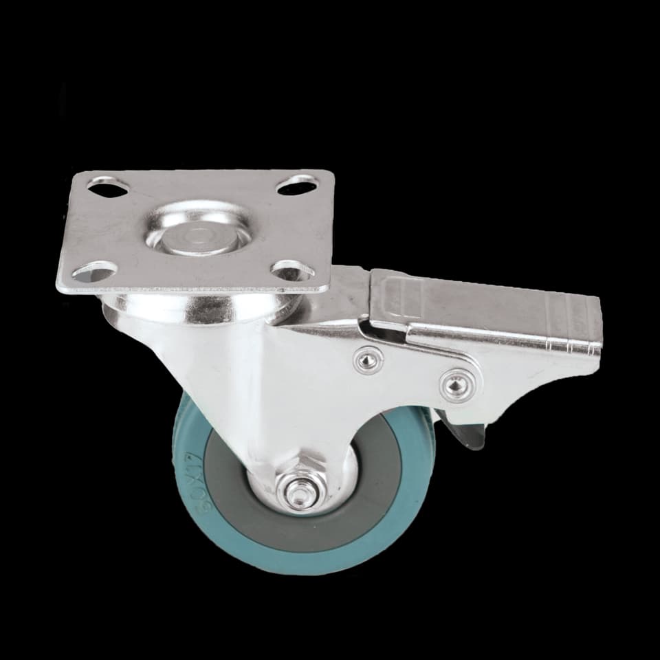 ROATĂ DIN NYLON ALBASTRĂ CU FRÂNĂ 125mm  WITH 65x65x2mm PLATE GREY FF GROUP