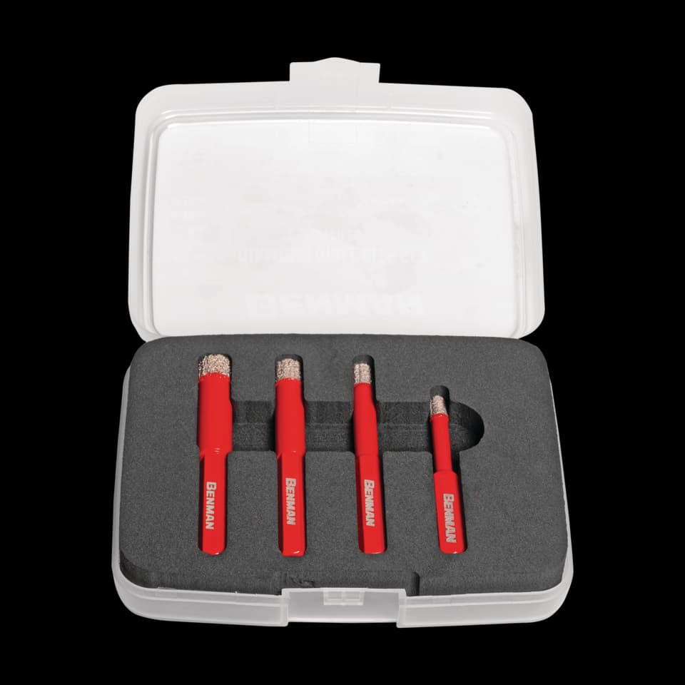 BURGHIE CU DIAMANT PENTRU GRESIE ȘI FAIANȚĂ, TĂIERE USCATĂ, 6/8/10/12 mm, set de 4 bucăți, BENMAN