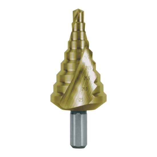 Burghiu treptat HSS, HSS, TiN, canelat spiralat cu varf incrucisat pentru presetupe metrice 101090T 3