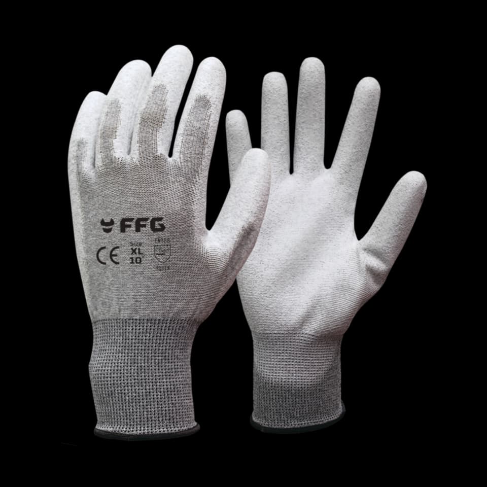 MĂNUȘI PU CU EFECT ANTISTATIC, TRICOTATE, CUSĂTURA MIXTĂ POLIESTER CARBON, 9''/L FF GROUP (ALB)