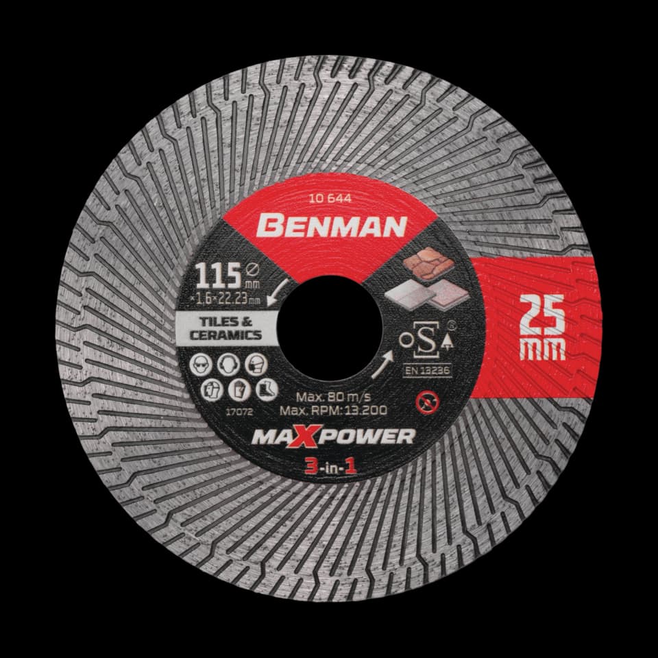 DISC DIAMANTAT PENTRU PLĂCI CERAMICE ŞI FAIANŢĂ 3-ÎN-1 MAXPOWER 125x25x1,6x22,23mm, BENMAN