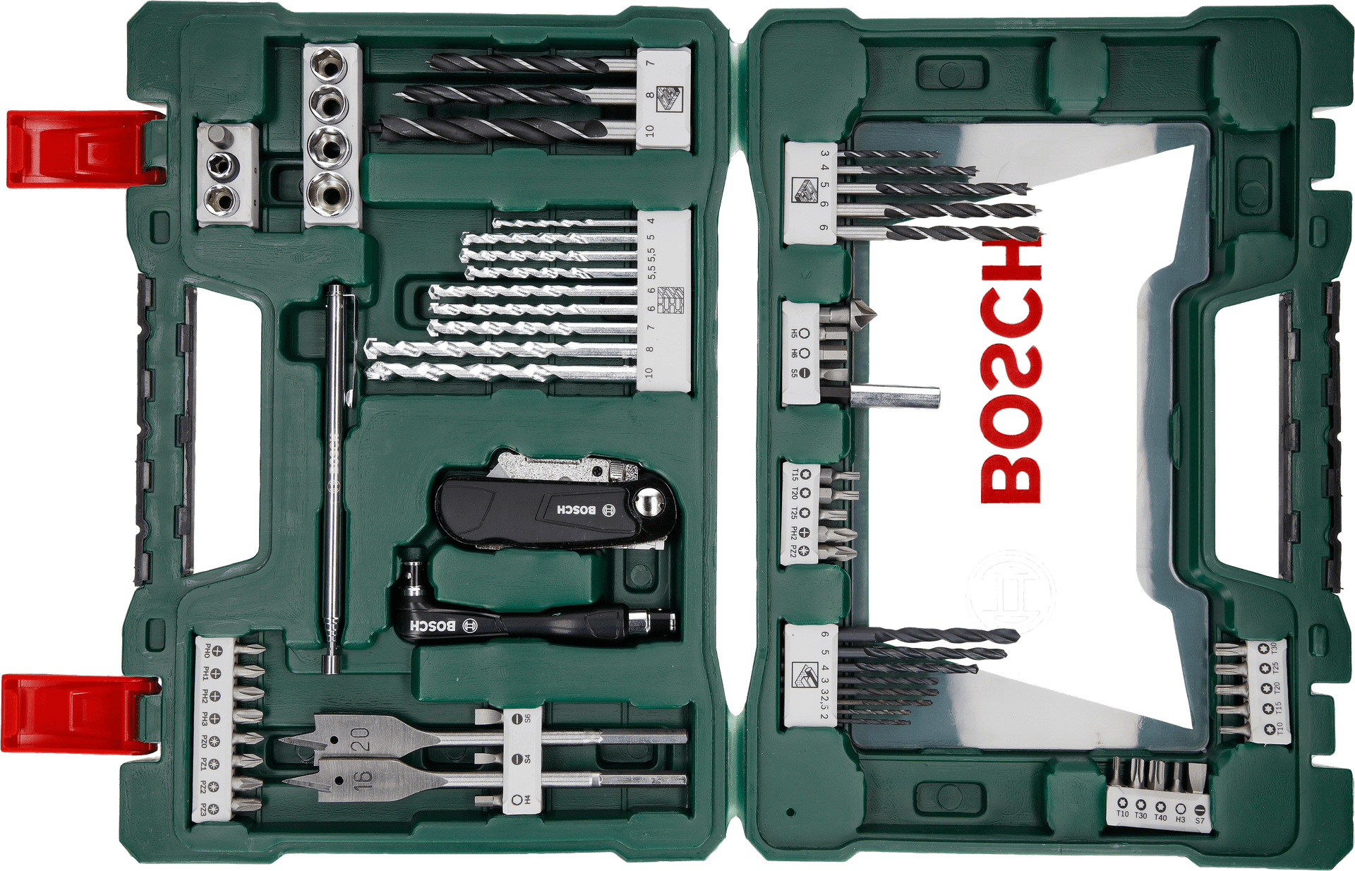 Set de burghie și capete de șurubelniță v-line classic 68 bucăți, cu cuțit rabatabil, tijă magnetică și șurubelniță mecanică unghiulară